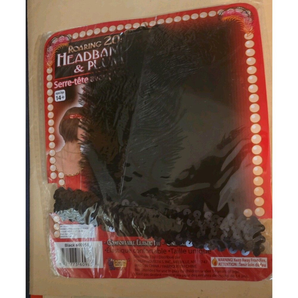 BLACK SEQUIN FLAPPER HEADBAND w/ BLACK PLUME ADULT HALLOWEEN COSTUME ACCESSORY